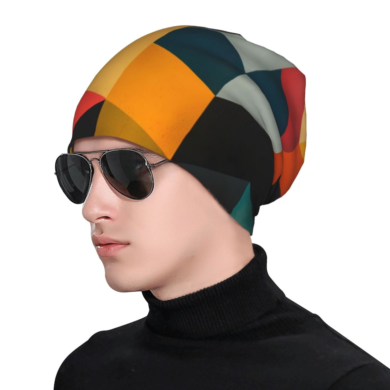 Beanie Cuffed Knit - Geometric Cube Pattern Art Printed Knit